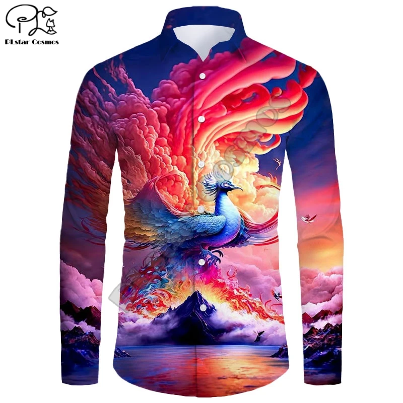 New Hawaiian Shirt 3D Printing Phoenix and Dragon Series Long Sleeve Shirt Casual Unisex Shirt  LF-2