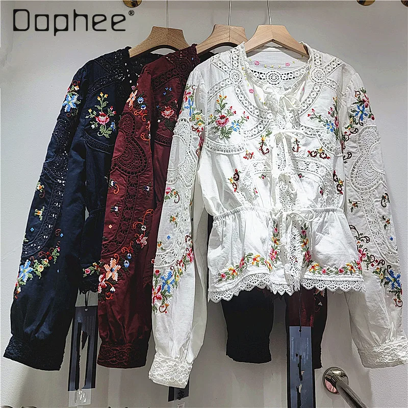 

Spring New Delicate Heavy Industry Flower Embroidery Temperament Elegant Long Sleeve Shirt Sweet Lace Hollow Lace Shirt Women