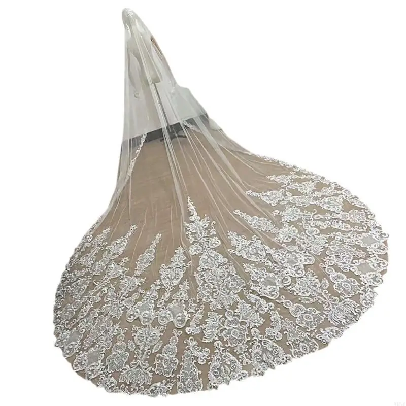 

W0YA French Styles Flower Bride Veil With Long Tail And Hair Comb Cathedral Bridal Veil For Bride At Weddings And Receptions
