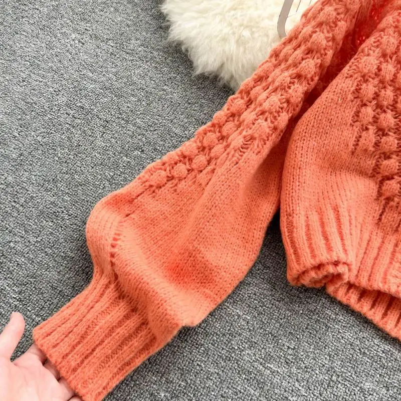 Orange Hollow out Acrylic Knit Lantern Sleeve V-Neck Women\'s Cardigan Single Breasted Sweater Cardigan For Women Clothing 2024