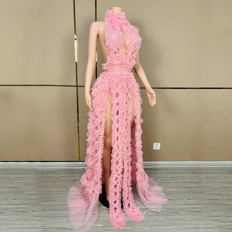 สีชมพูชุดปาร์ตี้เลื่อมเซ็กซี่ Cutout งานแต่งงานฉลองชุดผู้หญิงนักร้องเครื่องแต่งกายชุด Clubwear