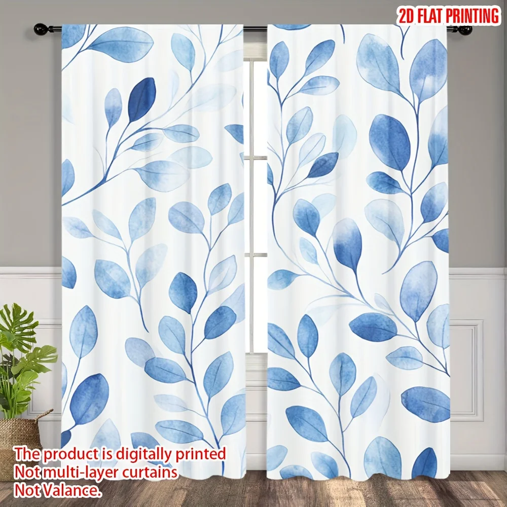 2D Flat - 2D Flat - 2pcs Blue Leaf Watercolor Curtains | Polyester, Semi-Transparent, Machine Washable, Ideal For Bedroom, Offic