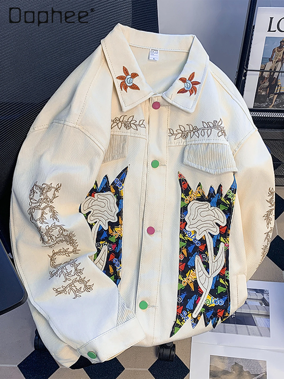 

2023 весна и осень, новая мужская куртка с отложным воротником и вышивкой, белая свободная уличная повседневная куртка в стиле хип-хоп, топ