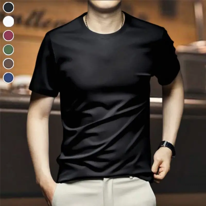 Men Modal Ice Silk T-shirt Short Sleeved Mercerized Cotton Elastic Anti-Wrinkle Men'S t-Shirt With Round Neck Solid Color