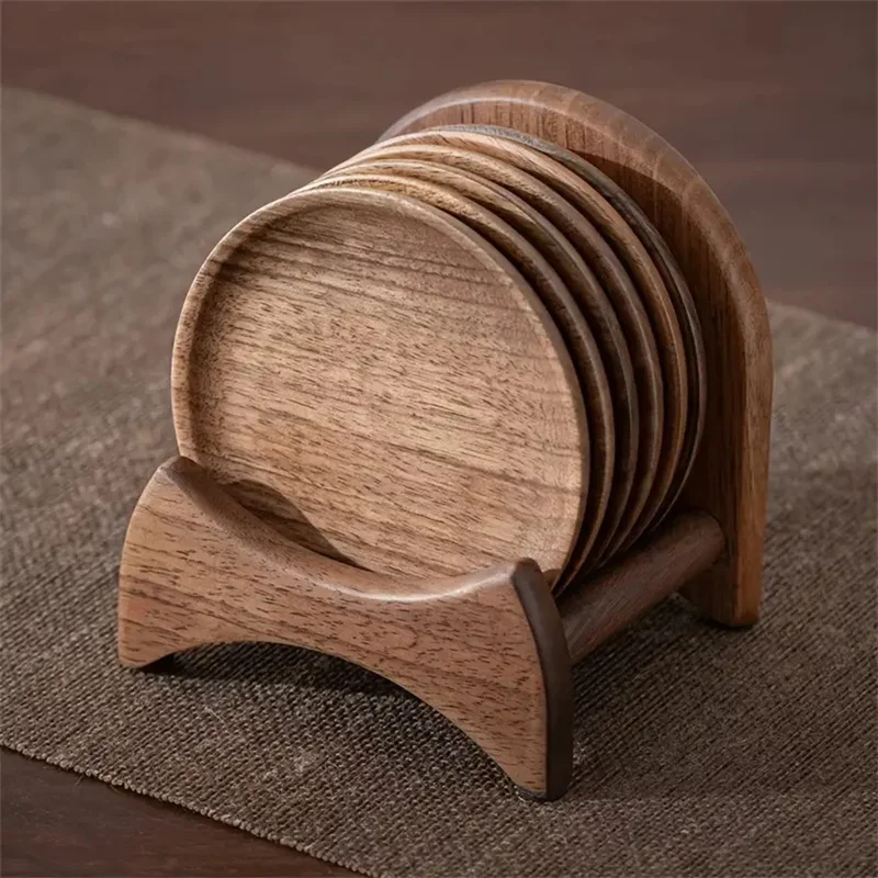 Walnut Wood Coasters w/ Holder - Round for Tea Ceremonies & Coffee, Stackable, Ideal Housewarming/Birthday Gift
