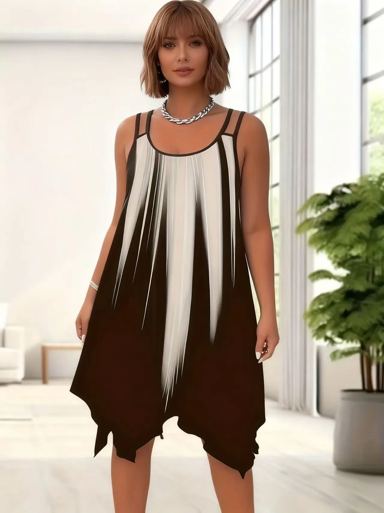 Plus Size Elegant Gradient Print Dress - Sleeveless, Double Spaghetti Straps, Round Neck, Elastic Polyester Blend, Machine Washable, Spaghetti Strap Slip Dress, Plus Size Clothing