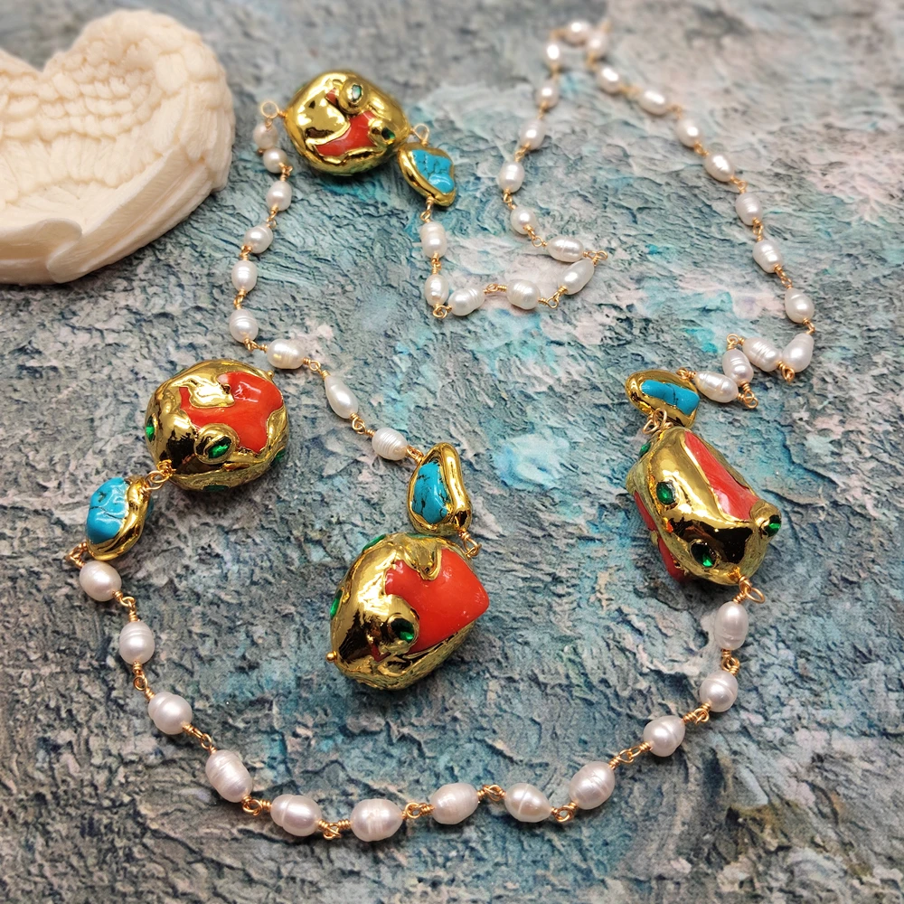 

Y·YING Gemstones Orange Coral Handmade White Pearl Rosary Pearl Chain Long Necklace Jewelry