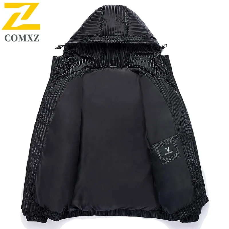 COMXZ Mens Down Jacket Premium Hooded Outdoor Adventure Multi Functional Coats Solid Color Lightweight Winter New Puffer Jackets