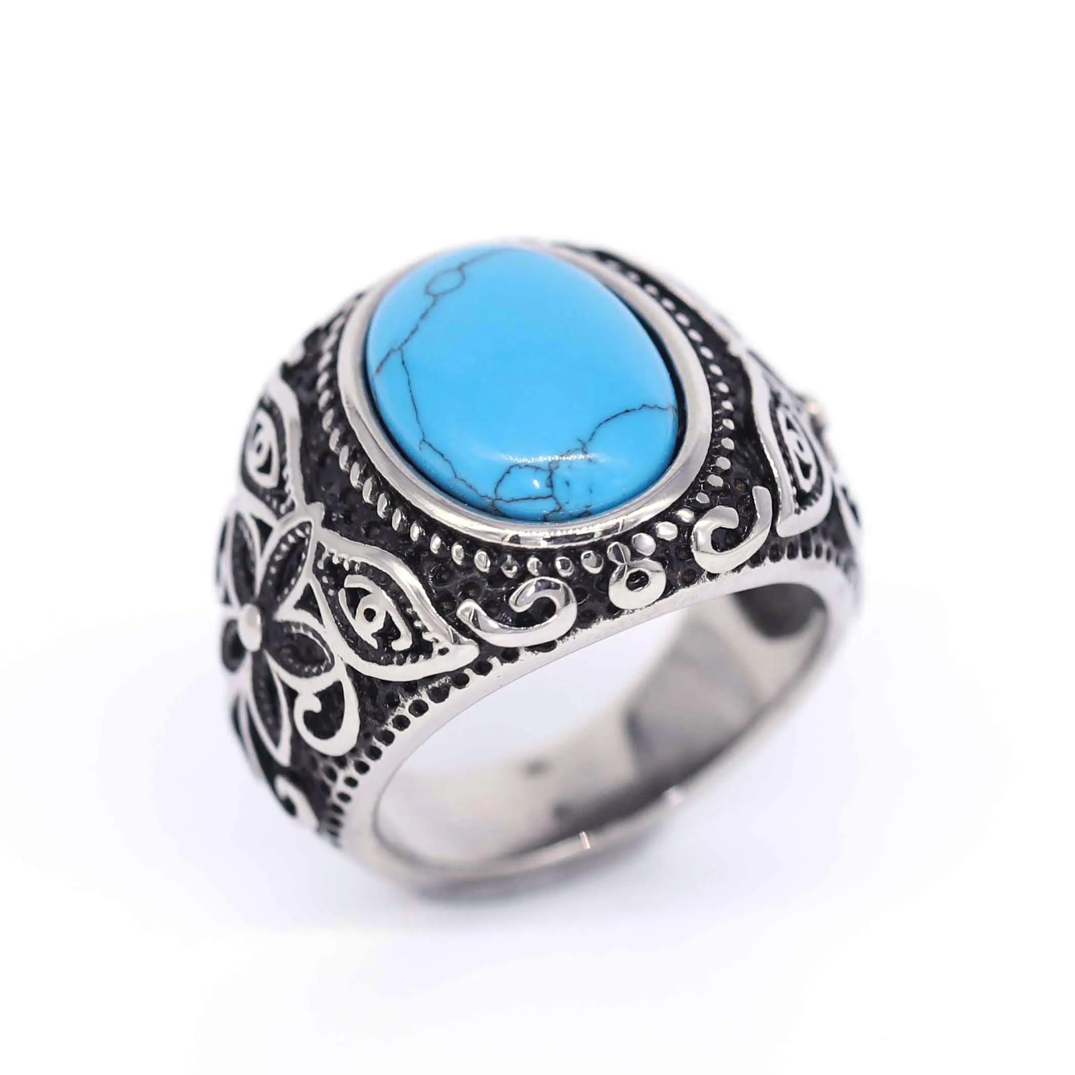 

WDM Bohemia Turquoise Stone Rings Men Stainless Steel Vintage Inlay Natural Gem Jewelry Engagement Wedding Rings Gifts