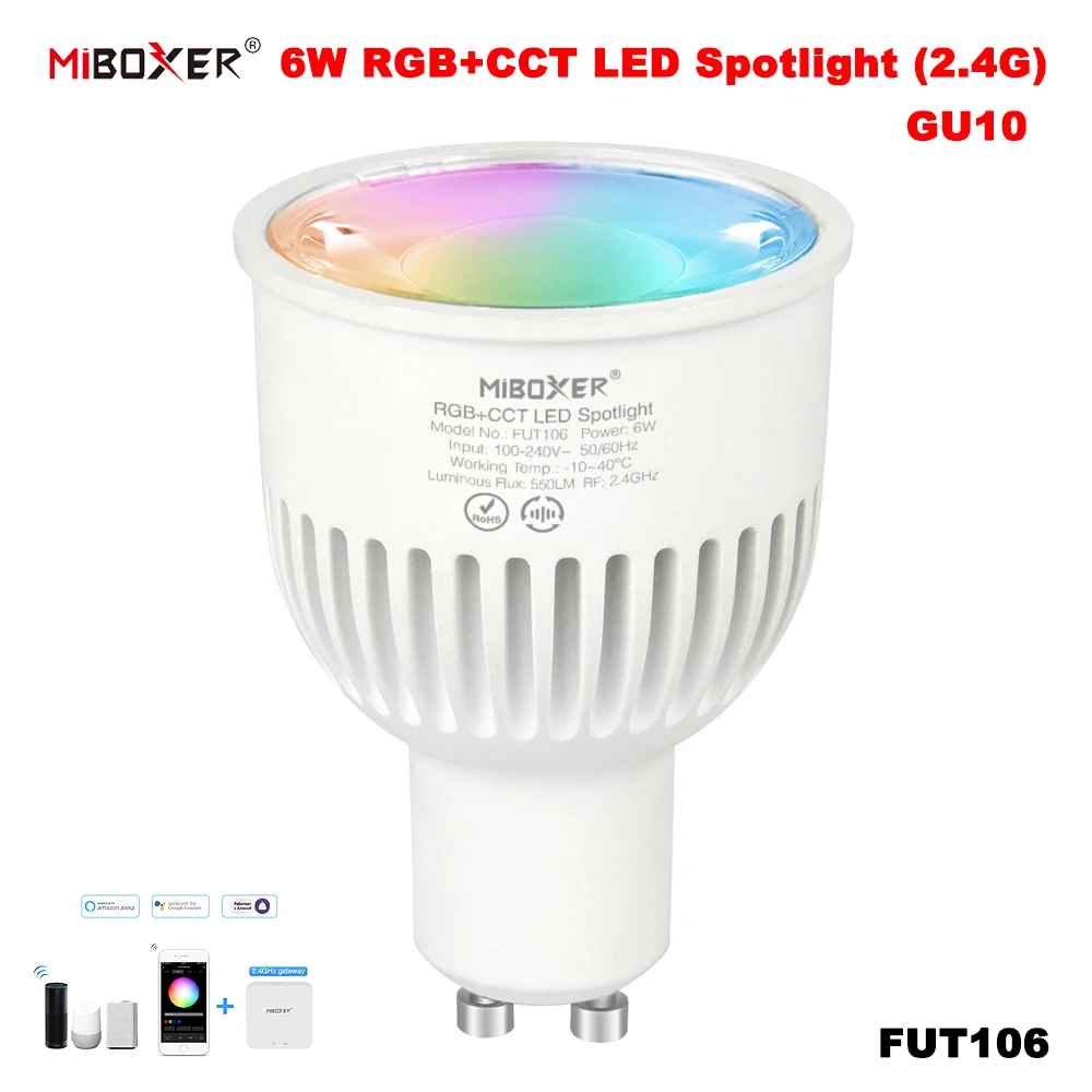 Miboxer FUT106 AC100-240V 6W GU10 Smart 2.4GHz TUYA RGBCCT Color Temperature/Brightness Adjustable APP Voice Control Spotlight