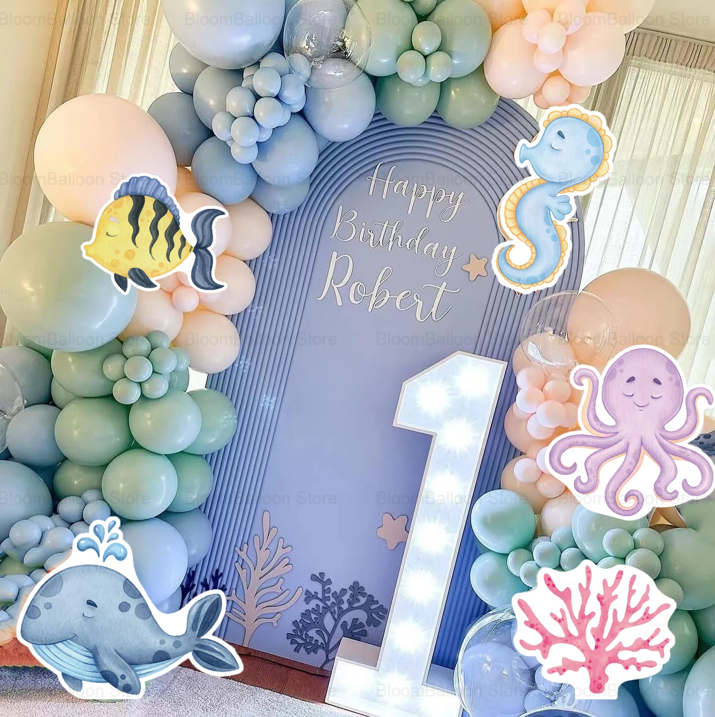 5pcs 12inch Ocean Animals KT Board Whale Octopus Cutout for Birthday Baptism Baby Shower Under the Sea Theme Party Decoration