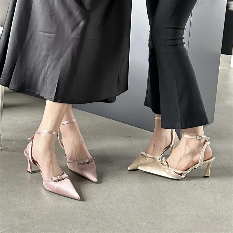 

2026 New Design Ankle Buckle Strap Pumps Women Sandals Thin Low Heels Pointed Toe Shallow Slingback Mules Shoes
