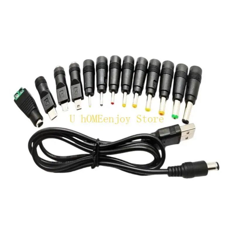 B0KF Universal 5V USB to 5.5x2.1mm Power Cable USB Power Plug Adapter with 13 Interchangeable Connectors for Speaker