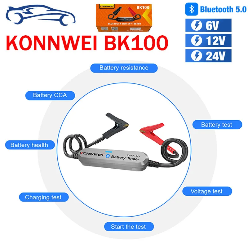 2024 Newest Enhanced Version KONNWEI BK100 Bluetooth 5.0 Car Motorcycle Battery Tester 6V 12V Battery Analyzer 100 to 2000 CCA