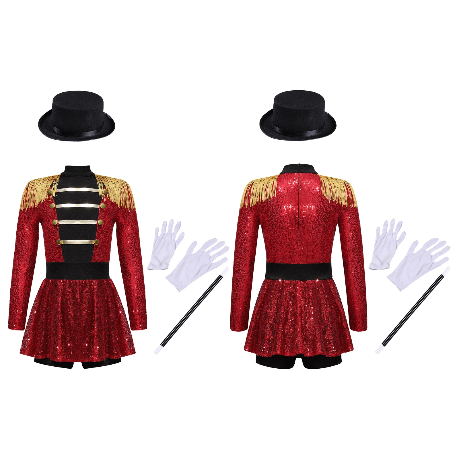 Girls Halloween Circus Ringmaster Costume Sequin Dress with Hat Magic Wand Gloves Carnival Theme Party Magician Cosplay Clothes
