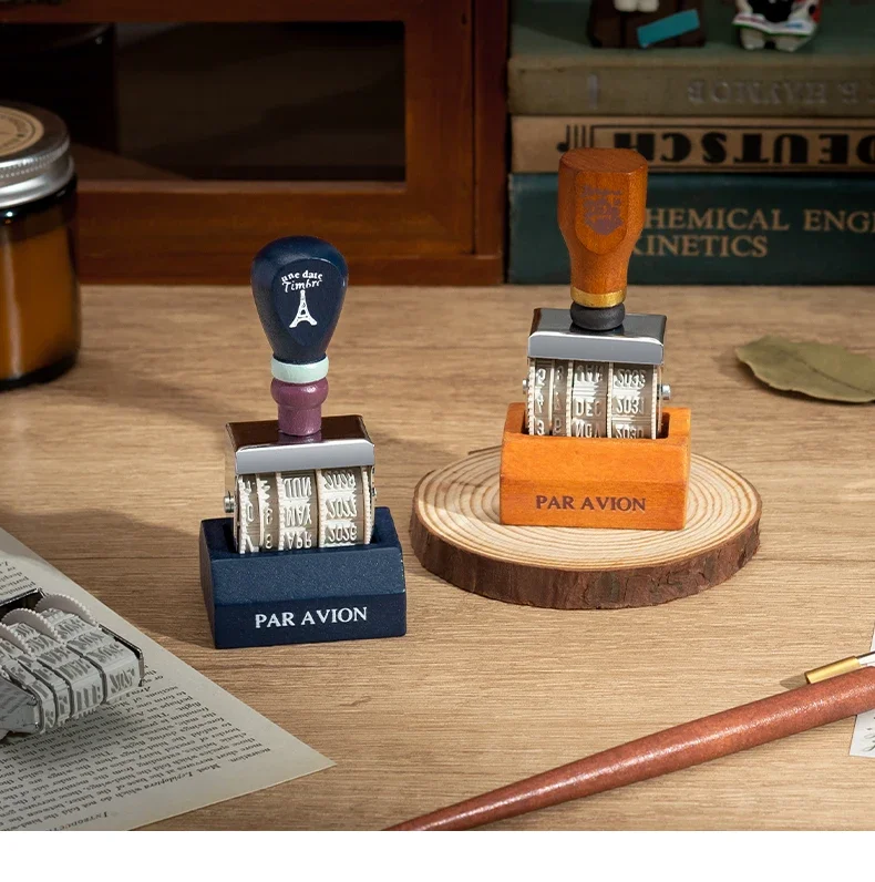 Retro-Datumsstempel, Rollkalenderstempel aus Holz mit Rädern für Journaling, DIY, verstellbarer Jahres-/Monat-/Tagesstempel mit Knopf – Detail 1