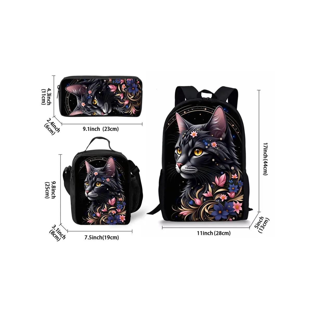 Flower Black Cat Print Three Piece Backpacks Set for Boy and Girls Best Gifts 2D Flat Cartoon School Bag for Children