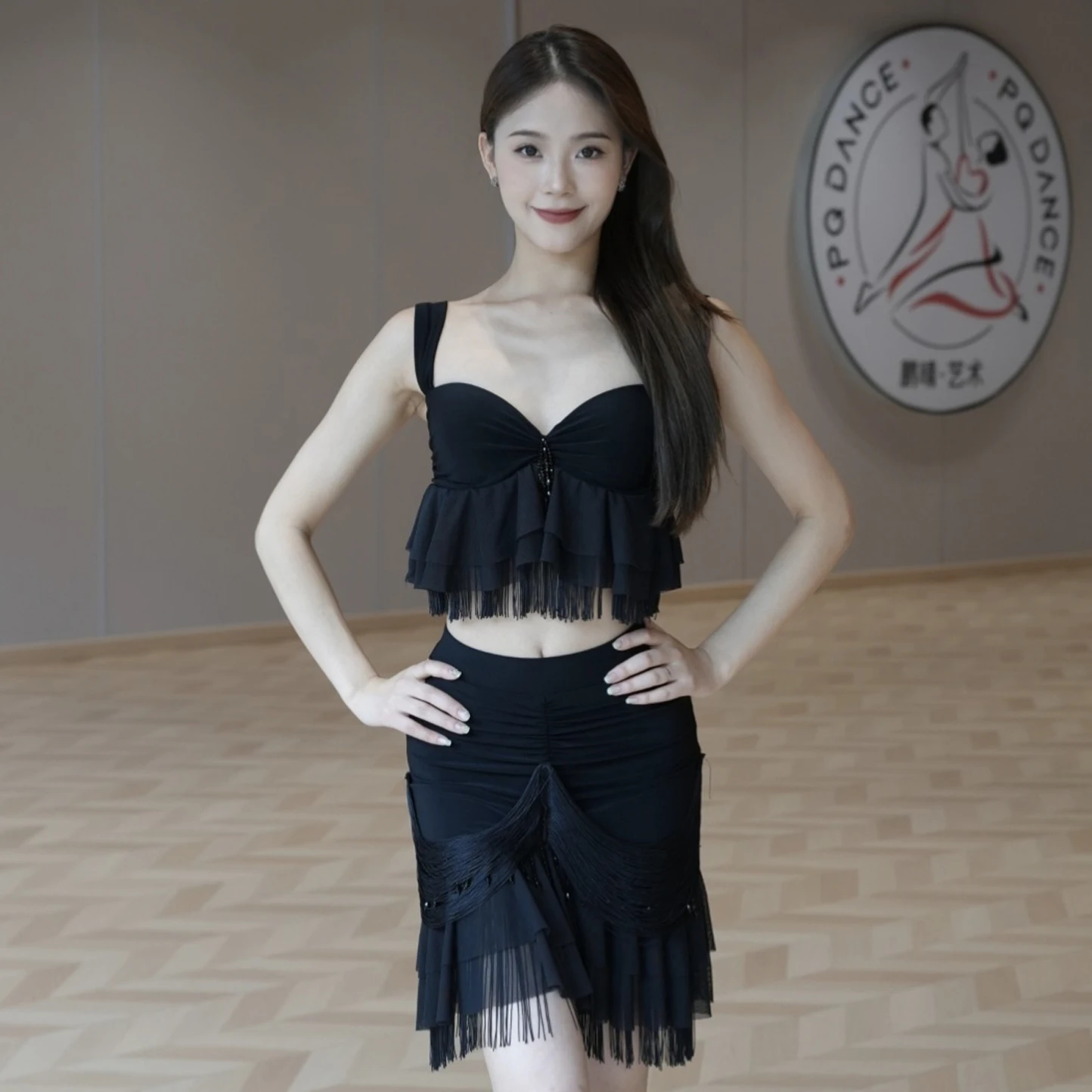

Summer Latin Dance Practice Clothing Women Ruffle Fringe Short Tops Tassel Skirt Rumba Samba Cha Cha Dance Clothes DNV24203