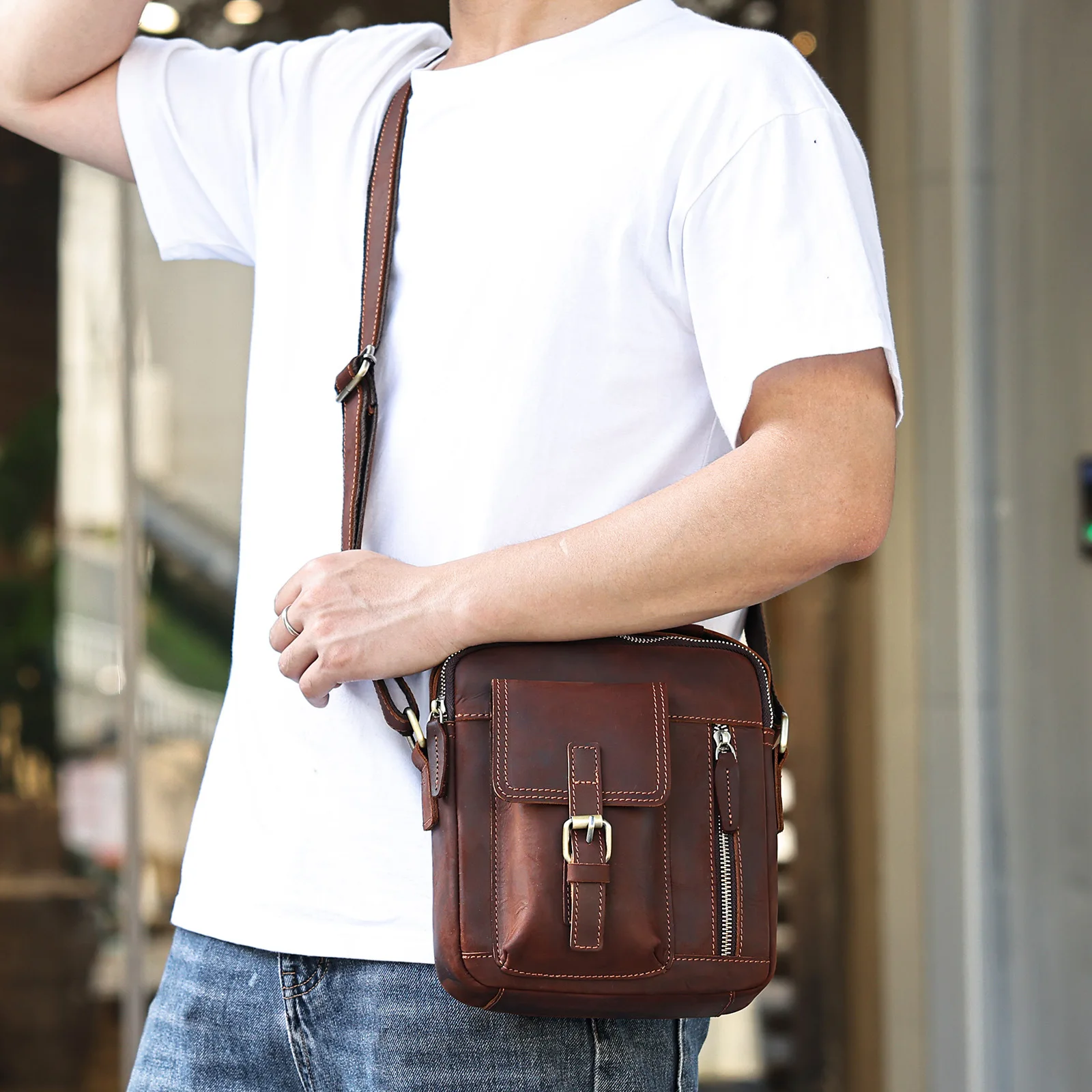 Men's Pull-Up Leather Crossbody Bag Vintage Distressed Messenger for Casual & Business (Shoulder Carry Convertible)