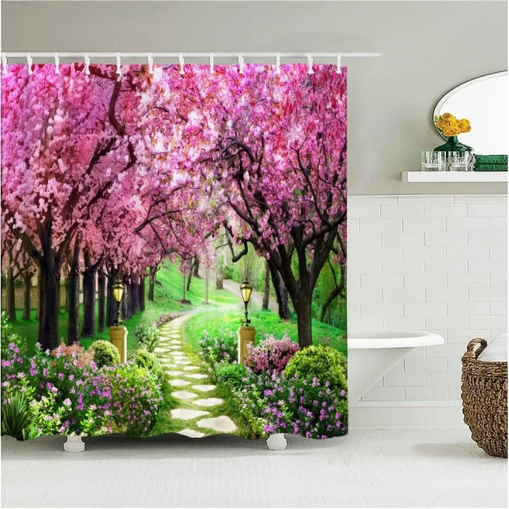 Home Wall Decor European Building Garden Patio Landscape Shower Curtains Bathroom Curtain Waterproof Bath Curtains for Bathroom