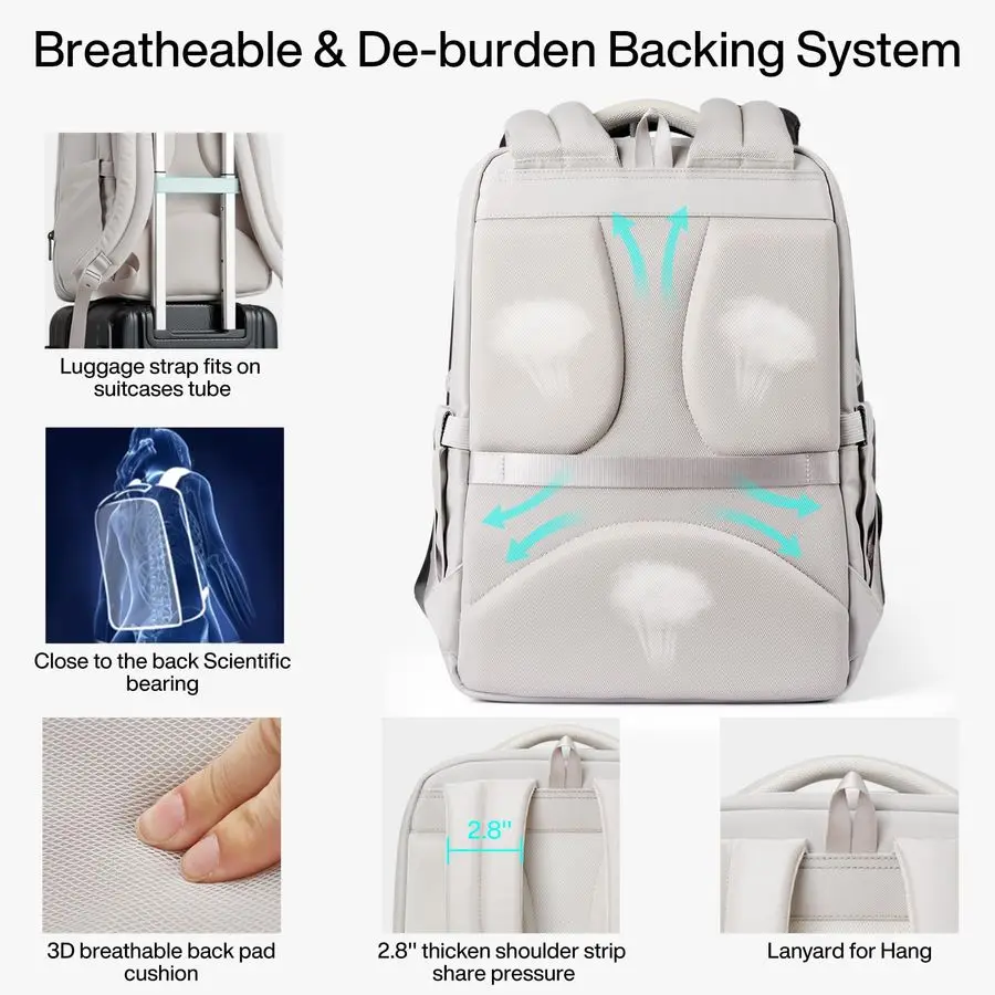 حقيبة ظهر للسفر قابلة للتوسيع مقاس 16 بوصة، حقيبة ظهر للكمبيوتر المحمول مفتوحة بالكامل تناسب 15.6 بوصة، حقيبة حمل شخصية مع حزام للأمتعة، Busi