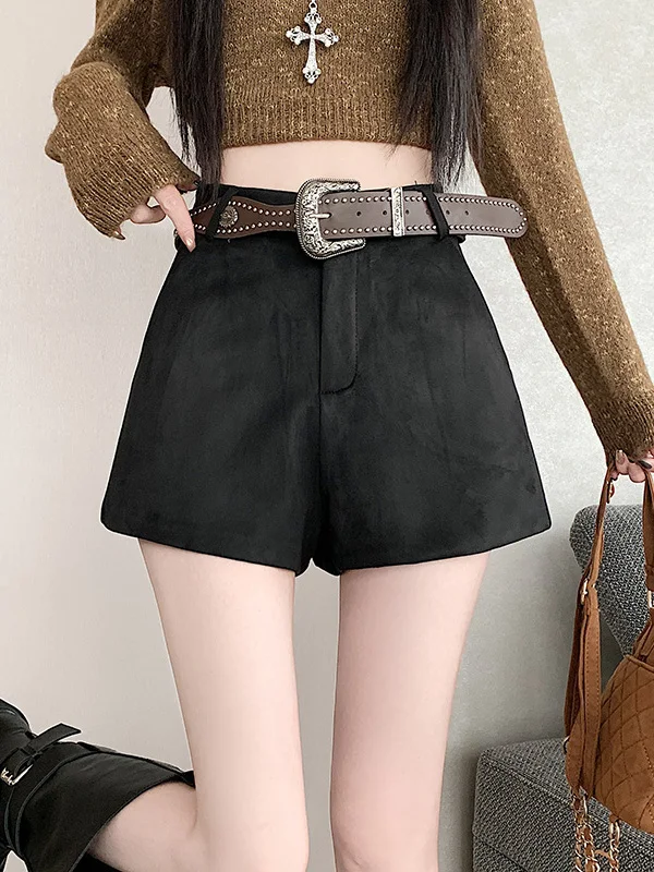 High Waist Short Pants for Women Autumn Winter New Style Belted Cuffed Wide Leg Pants Hot Girl Brown Pants with Long Boots