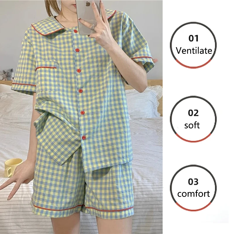 Three-Piece Set Ladies Pajamas Set Short-Sleeved Plaid Senior Sense Cardigan Home Wear Simple Christmas Girl Sleepwear Winter