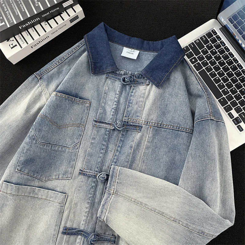 

Retro adient Color Splicing Loose Fit Men's Denim Jaet New Chinese Sle Button Street Sle Trendy Workwear Collar Jaet