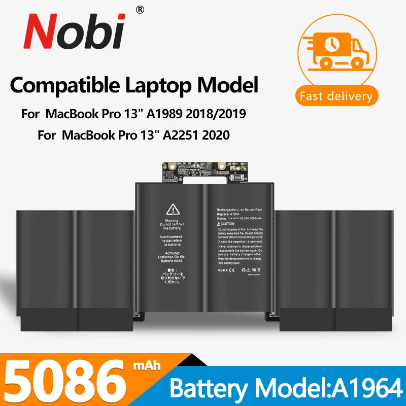 

Nobi A1964 Laptop Battery For Apple Macbook Pro 13" A1989(Mid 2018/2019) A2251(2020) EMC3214 EMC3358 020-02497 MR9Q2LL/A 58Wh