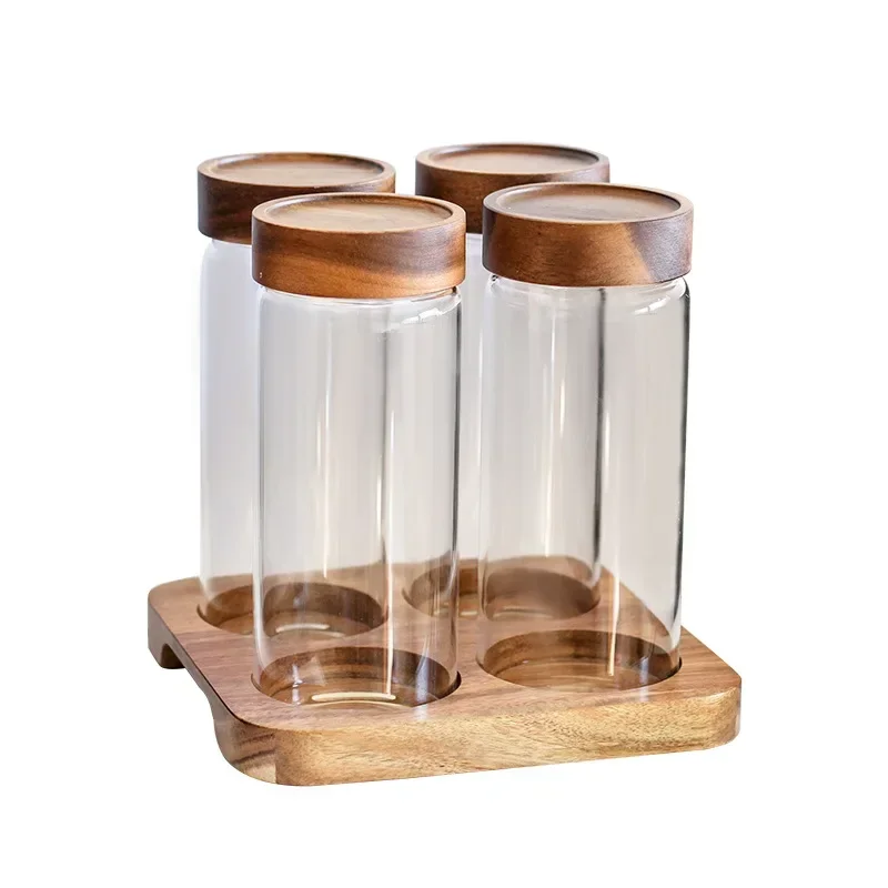 Wood Lid Orgnizer Glass Airtight Canister Kitchen Storage Bottles Jar Sealed Food Container Dispenser with Base Set