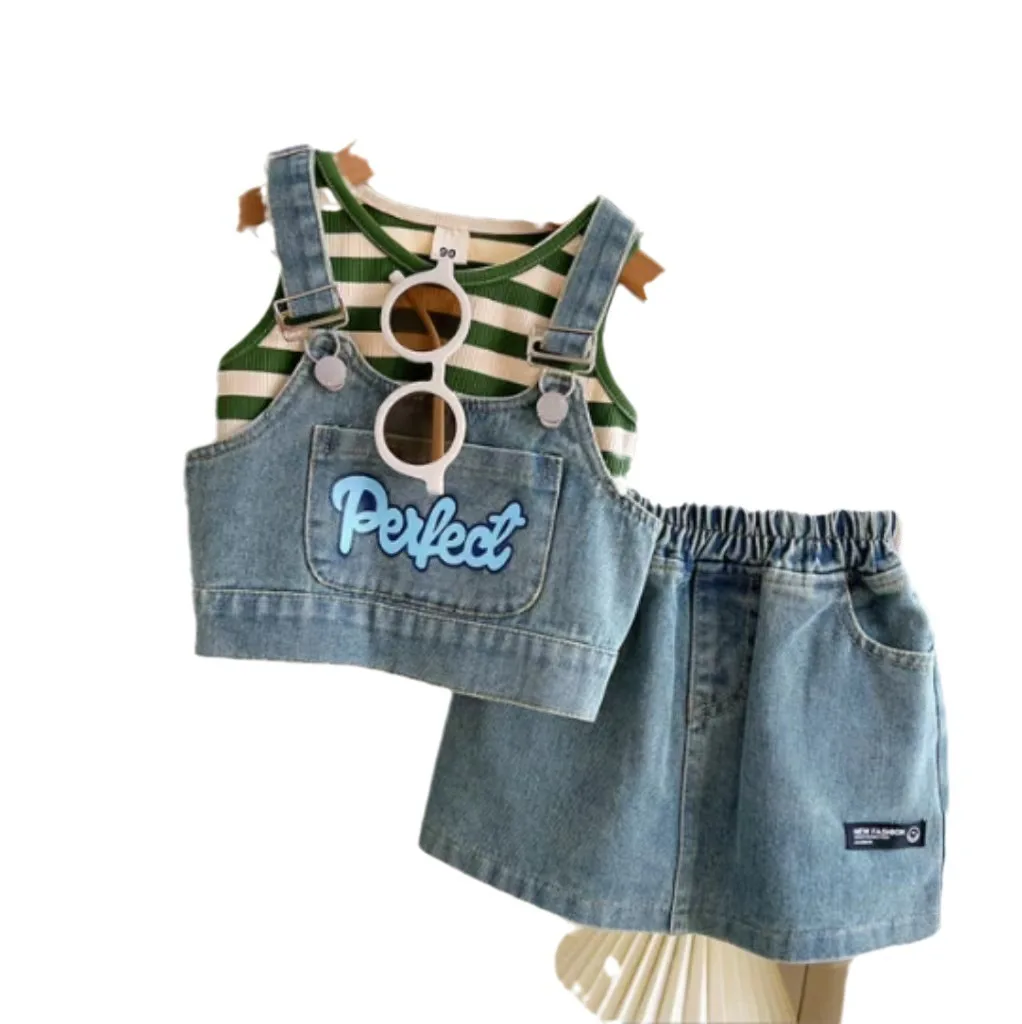 

Korean Version Denim Girl 2025 New Baby Summer Striped Vest With Suspender Skirt Three Piece Set