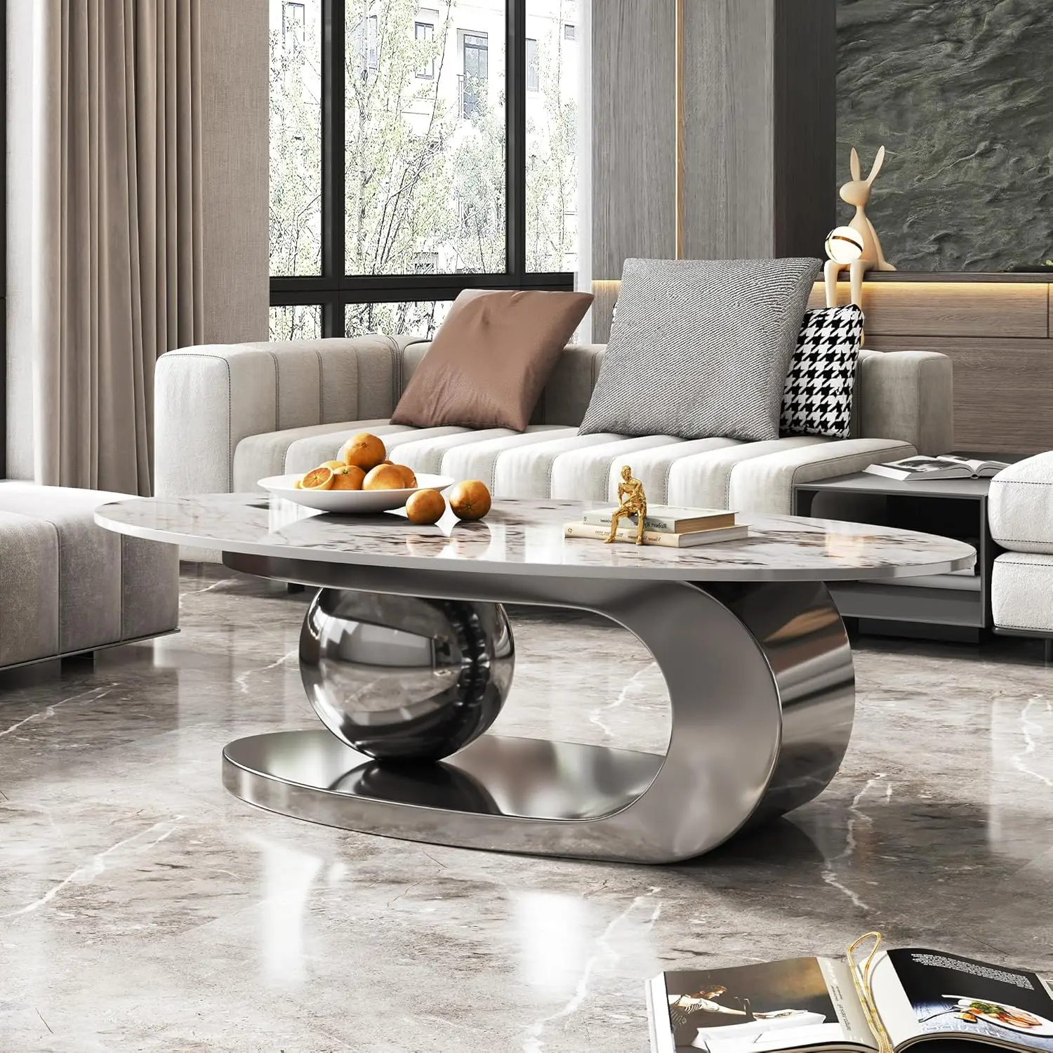 Modern Coffee Table with Silver Stainless Steel Pedestal,Oval Living Room Table with Faux Marble Top & Luxury, Customized