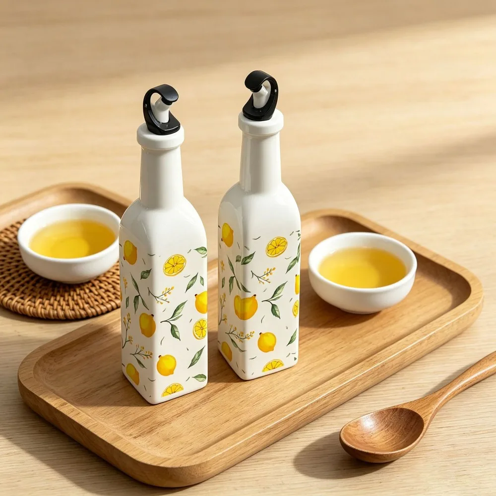 4Pcs Lemon Printing Ceramic Oil Vinegar Bottle Set Salt Pepper Bottle Kitchen Seasoning Bottle Set Home Kitchen Decoration