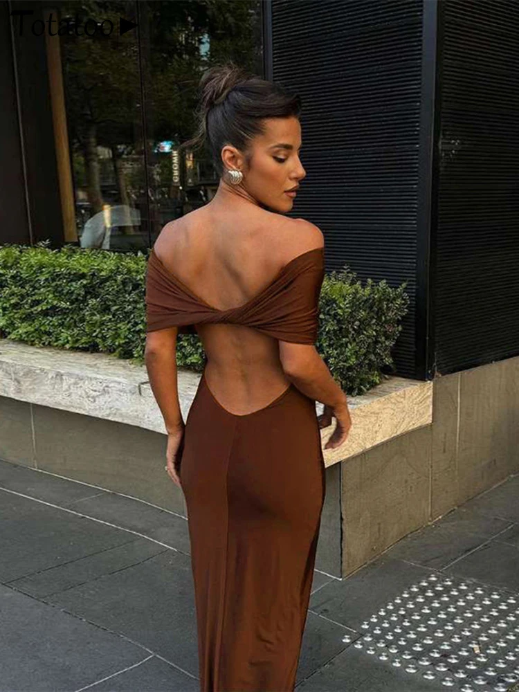 Totatoop Elegant Off Shoulder Bandage Maxi Dress For Women 2024 Summer Back Hollow Out Slim Long Dress Vintage Party Vestidos