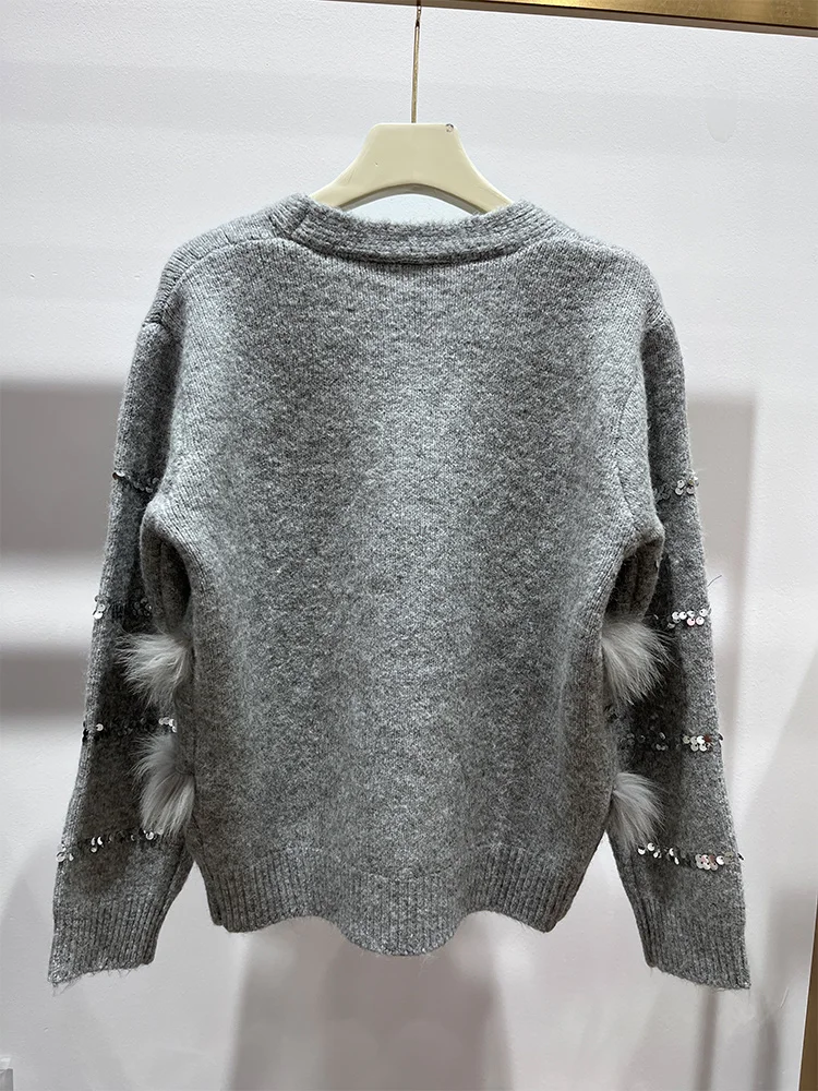 2025 여성 봄 가을 여성 패션 천연 리얼 폭스 퍼 니트 가디건 오버사이즈 코트 폭스 퍼 장식 스웨터