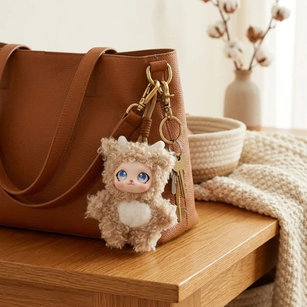 Fluffy Rabbit Keychain Sparkling Big Eyes Lint‑Resistant Cute Curly Rabbit Charm Skin-Friendly Handmade Bunny Pendant