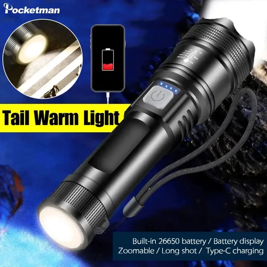 

Super Bright LED Flashlight 4 Modes Rechargeable Flashlights Built-in 26650 Battery Powered Torch Waterproof Emegency Flashlight