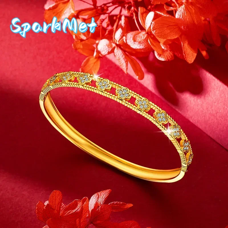 

Рождественский роскошный кулон из настоящего золота 999 пробы, браслет из желтого золота 24 карата с четырьмя листочками, модный браслет на день рождения, свадьбу, Рождество, очаровательные ювелирные изделия