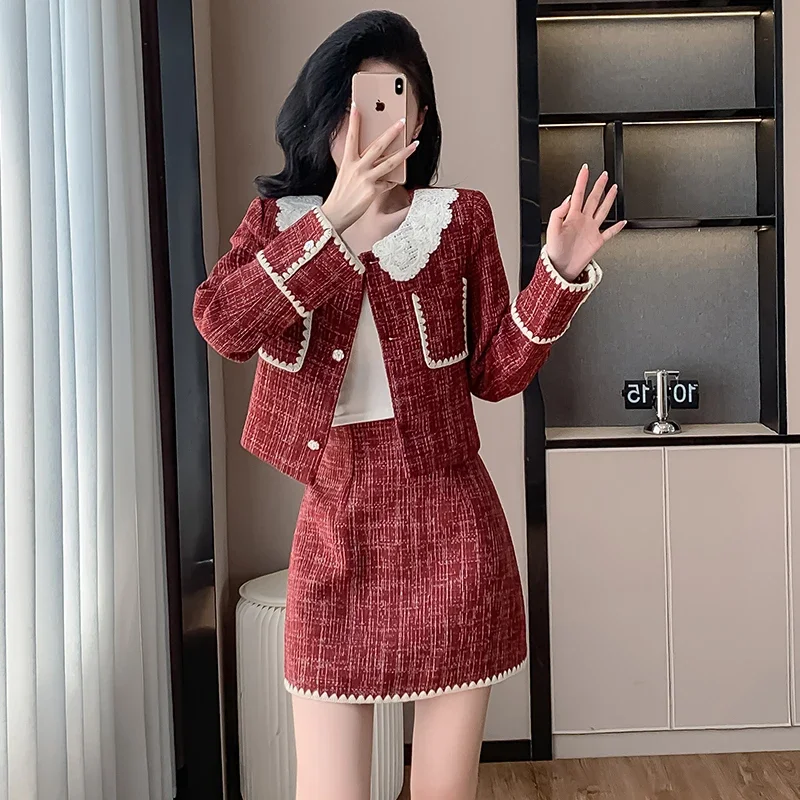 Chinese New Year's Red Socialite Women's Suit Jacket Spring 2025 New Style Korean Style Sweet Girl Suit Top Skirt Two-Piece Set