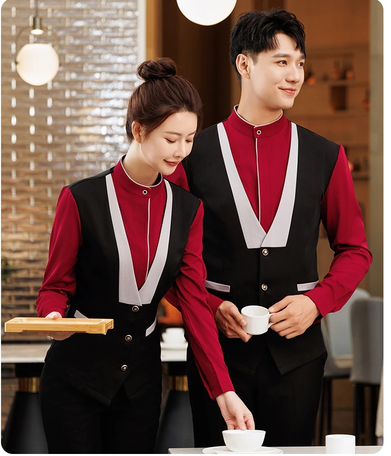 Uniformes de Service alimentaire à manches longues pour hôtel, Restaurant, café, barman, Bar, ensemble d'uniforme de serveur avec tablier, chemise de travail pour Bar