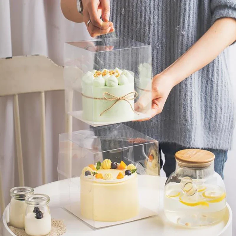 

10Pcs/lot 4inch Clear Square Cake Box with White Cardboard Tray Birthday Cake Packaging Box Wedding Favor Box