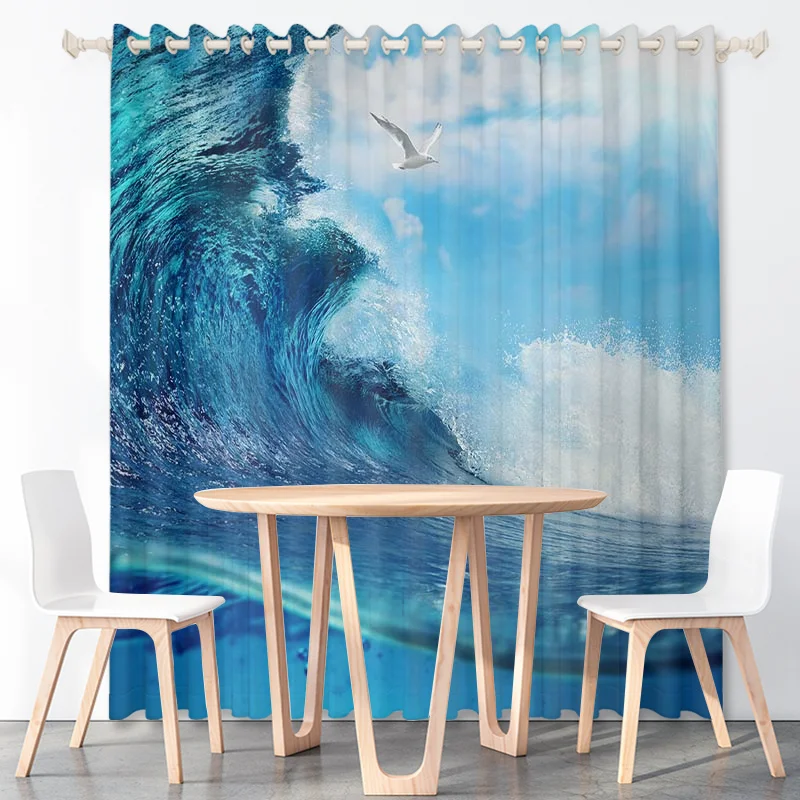 Summer Ocean Beach Sunset Curtain Island Wave Coconut Tree Thin Polyester Fabric Bedroom Living Room Office Decoration with Hook