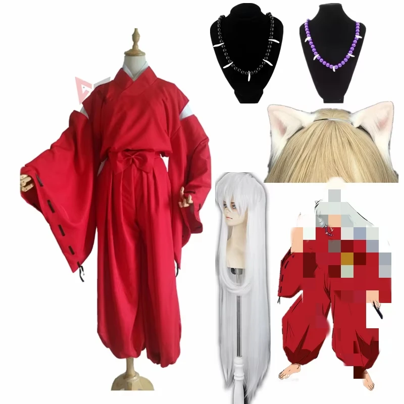 Nuevo disfraz de cosplay de Inuyasha para carnaval, Halloween, Arthur Curry, kimono rojo elegante, orejas, accesorios para la cabeza, peluca, collar, hecho a medida