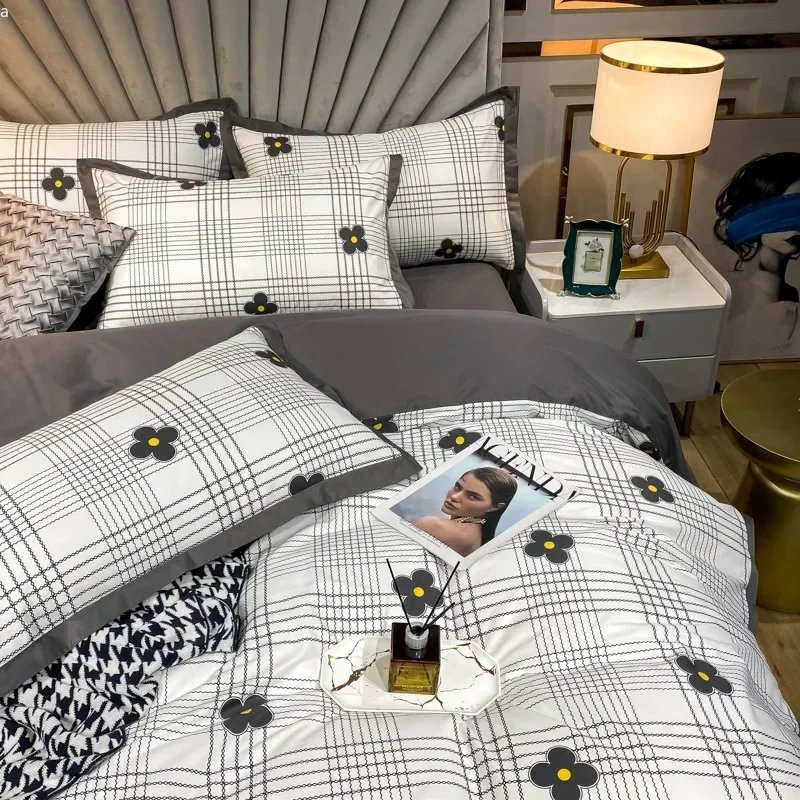 Euro Gray Grid Flower Bedding Set Pure Cotton Geometric Stripes Floral Duvet Cover Bed Linen Calico Comforter Queen King Bed Set