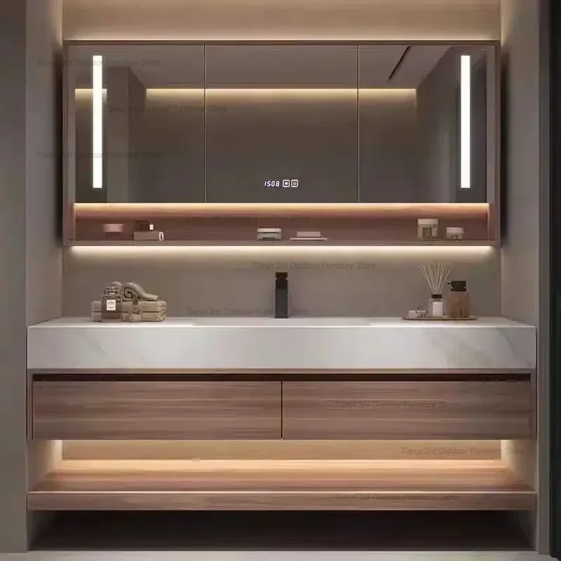 c13-Modern Simplicity Bathroom Cabinet Rock Plate Seamless Ceramic Integrated Basin Storage Mirror Cabinet Bathroom FurnitureC