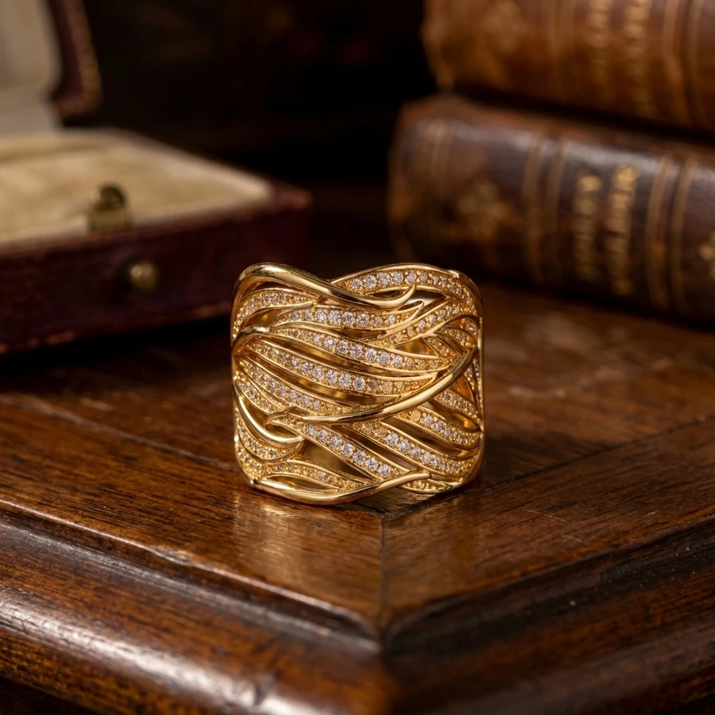 Geometrischer Drahtgewebter Ring für Frauen Messing Zirkon Filigraner Breiter Ring Abstrakter Moderner Skulpturaler Schmuck – Detail 4