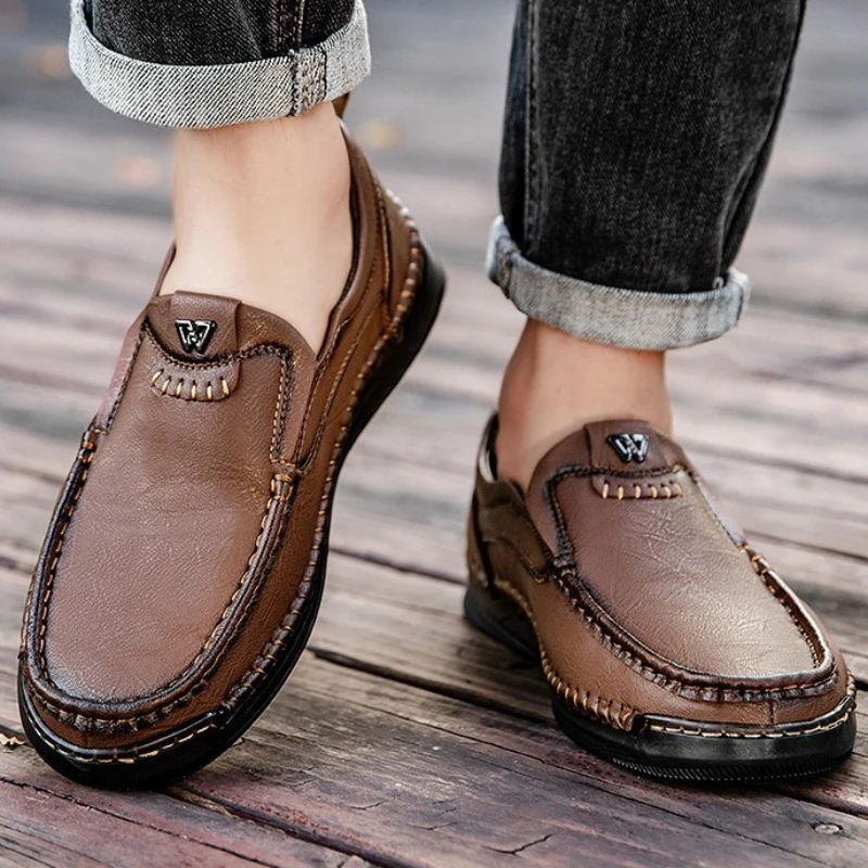 

Мужские повседневные лоферы, дышащая кожаная обувь ручной работы на толстой резиновой подошве, удобная обувь, классические сшитые вручную швы