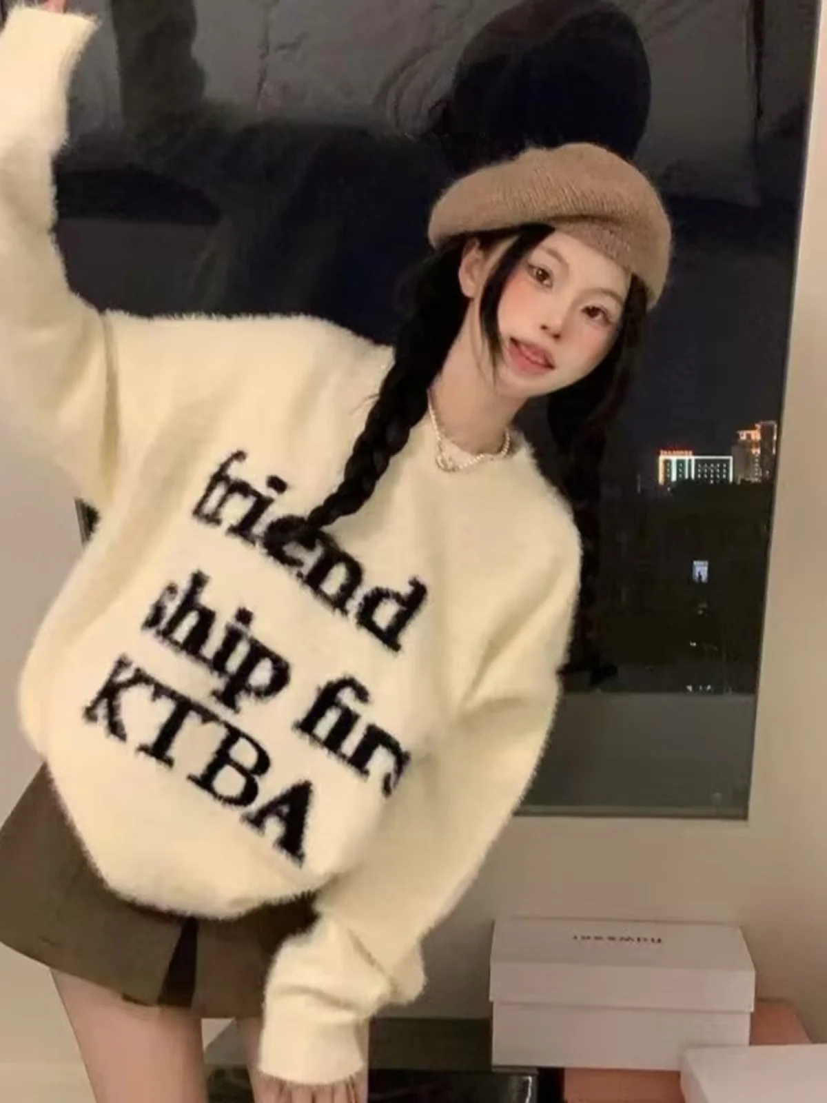 

Lazy Style Soft Mink Fur round Neck Letter Sweater Women's Autumn Winter Loose Overhead Knittedwear Fashion Set