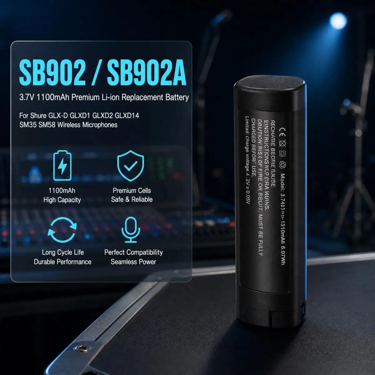 SB902 SB902A 3.7V 1100mAh Li-ion Replacement Battery for Shure GLX-D GLXD1 GLXD2 GLXD14 SM35 SM58 Wireless Microphone