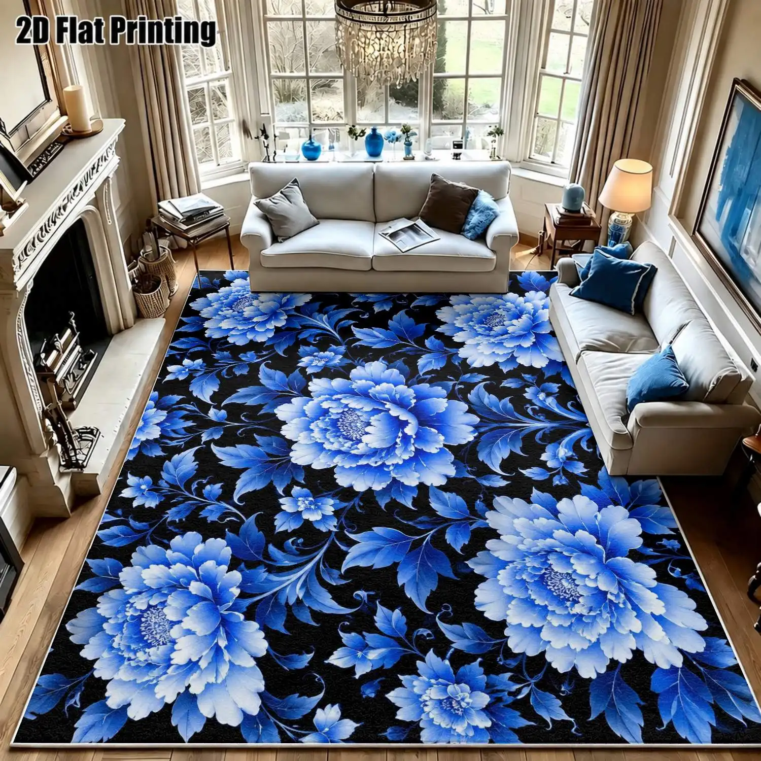 1Pc 2D Printed Blue Flower Velvet Carpet, Vintage/Modern Minimalist/Nordic/Instagram Style, Machine Washable, Multi-Size, for Home Decor, Entrance/Dining/Foyer/Bedroom/Study/Living Room